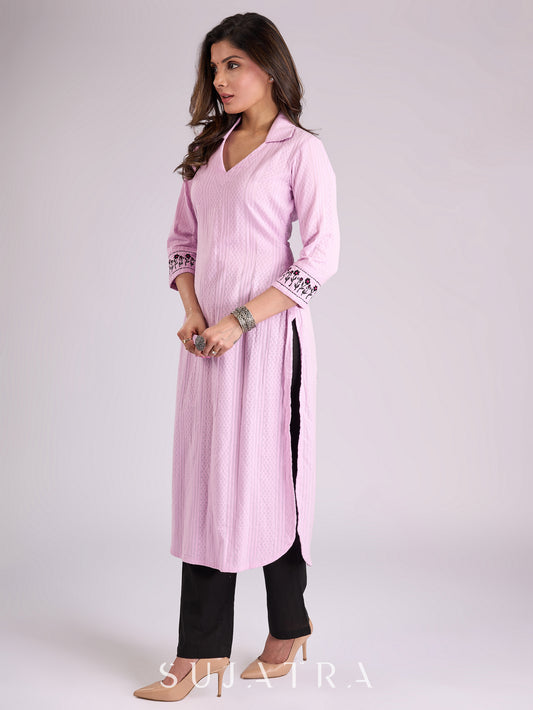 Lustrous Lavender Cotton Kurta with Intricately Embroidered Sleeves