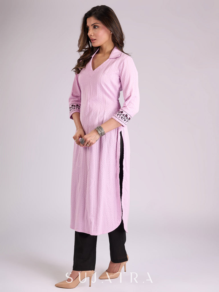 Lustrous Lavender Cotton Kurta with Intricately Embroidered Sleeves