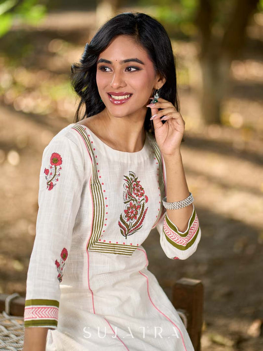Graceful White Cotton Panel Kurta with Delicate Floral Hand Block Motifs