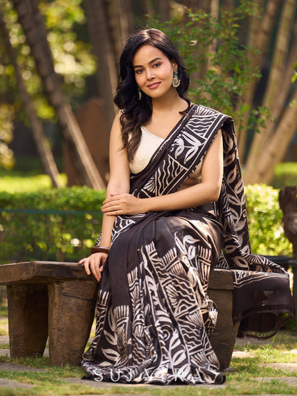 Artisanal Black Pure Silk Hand Batik Saree with Classic Bold Designs