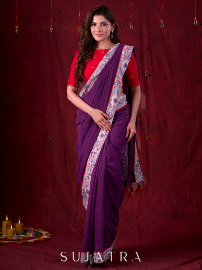Ethereal Dual-Tone Purple Mul Cotton Saree with Floral Border, Red Tassel Highlights & Intricate Embroidered Pallu