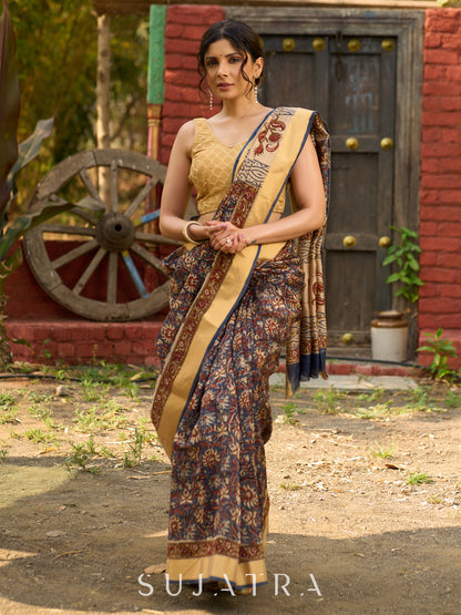 Graceful pure Chanderi saree with intricate hand block prints and contrast pallu