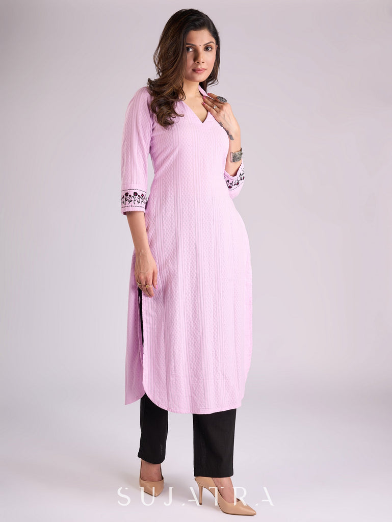 Lustrous Lavender Cotton Kurta with Intricately Embroidered Sleeves