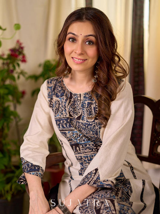 Classic Ivory Cotton Kurta with Navy Kalamkari Patchwork Front Panel