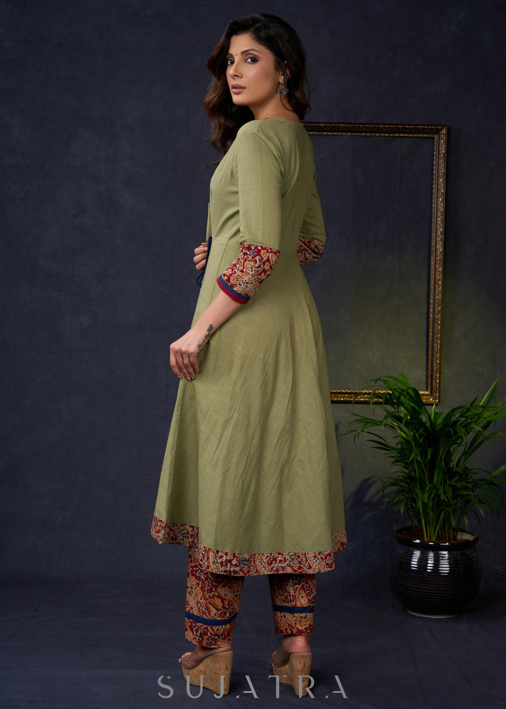 Exclusive-Sage-Green-Cotton-A-Line-Kurta-With-Kalamkari-Combination-Pant-Optional