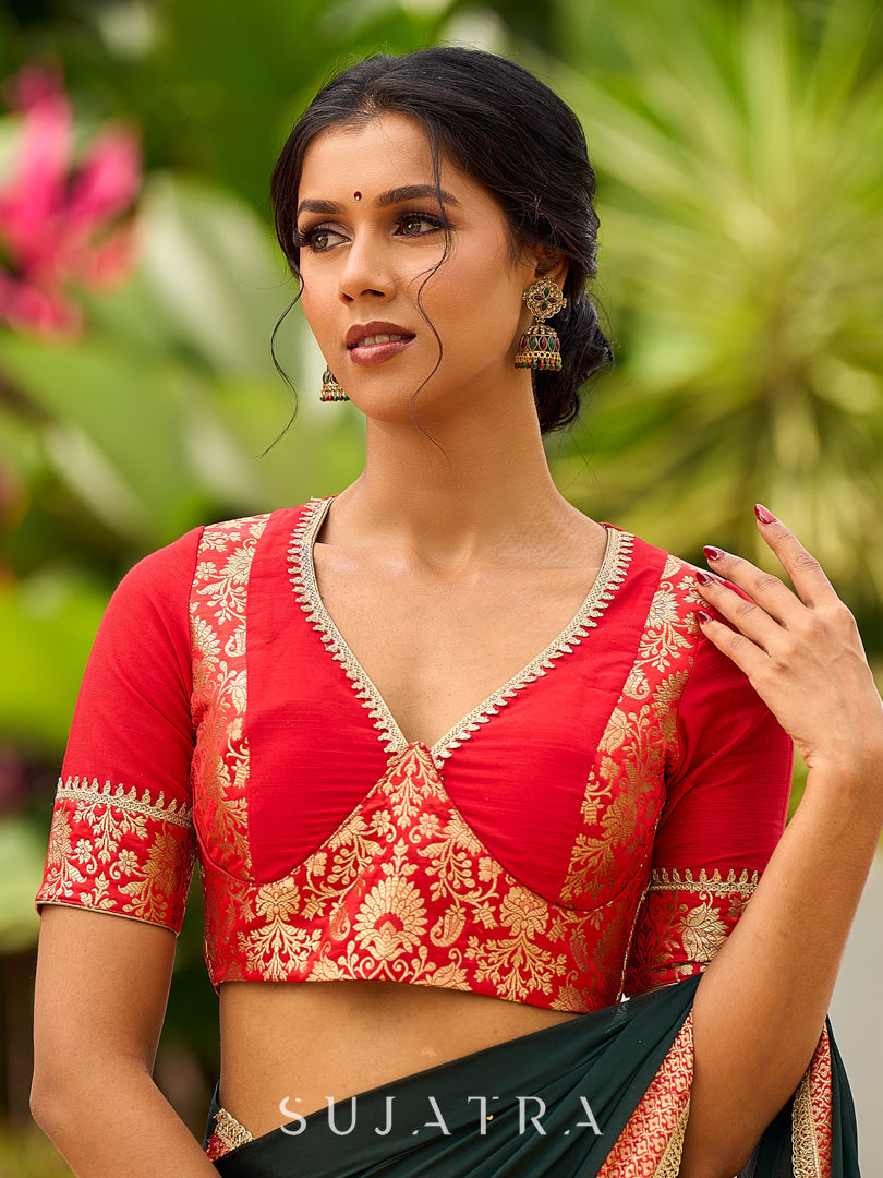 Timeless Bottle Green Georgette Saree with Contrast Red Benarasi Border & Hand Embroidered Pallu