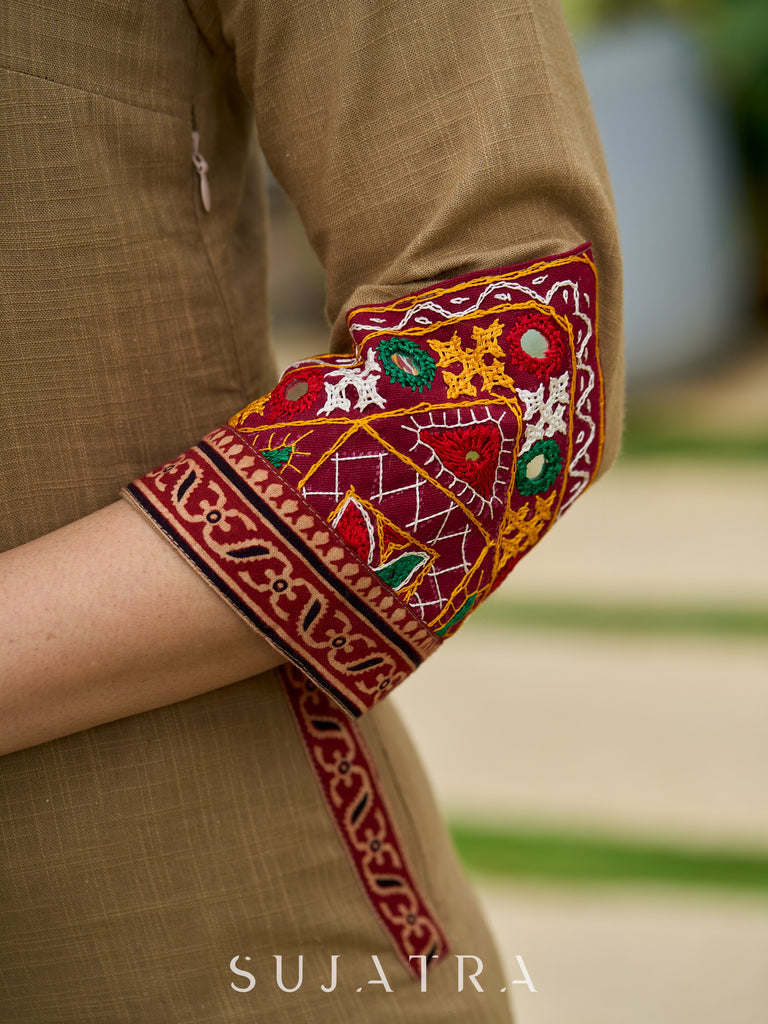 Beautiful dark beige cotton kurta beautifully designed with subtle mirror work-pant optional