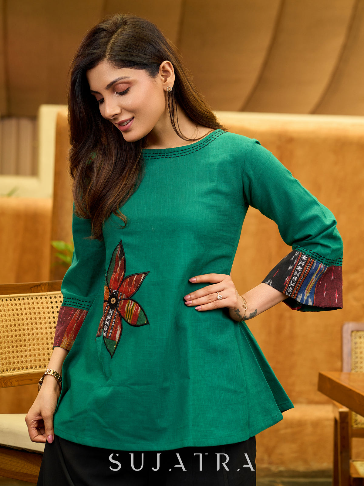Artisan Patchwork Cotton Top in Green with Ikat Sleeves, Applique Floral and Hand Embroidered Kantha Stitchwork