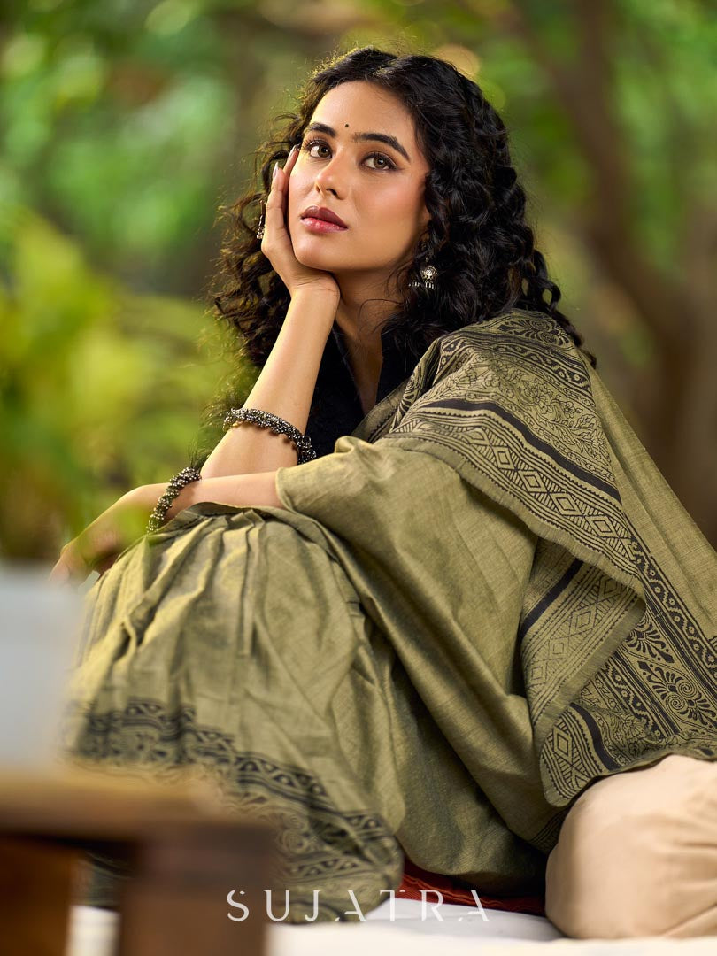 Natural Sage Green Cotton Saree with Traditional Black Hand Block Printed Border