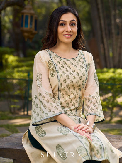 Classic Hand Block Printed Beige Chanderi Kurta Featuring Paisley Panels & Flared Sleeves