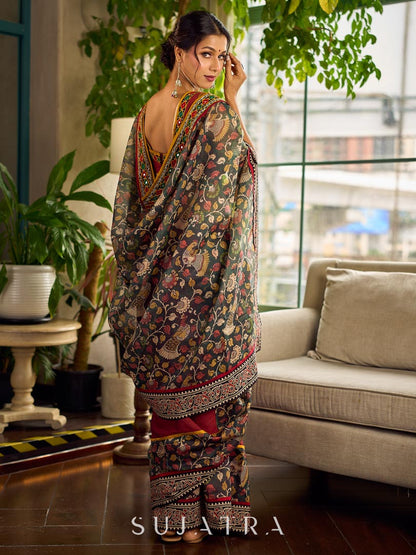 Regal Maroon Cotton Saree with Rich Kalamkari Printed Pallu with Mirror work