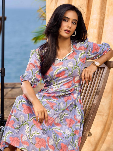 Lilac Bloom Cotton Pleated Dress With Scarlet Floral Print