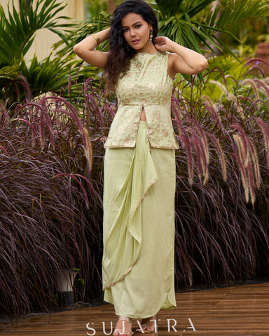 Pastel Green Festive Drape Skirt with Brocade Top