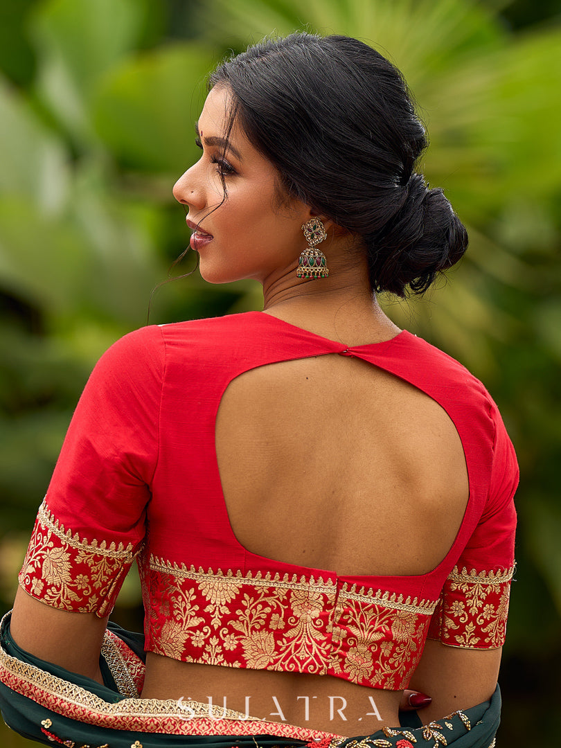 Timeless Bottle Green Georgette Saree with Contrast Red Benarasi Border & Hand Embroidered Pallu