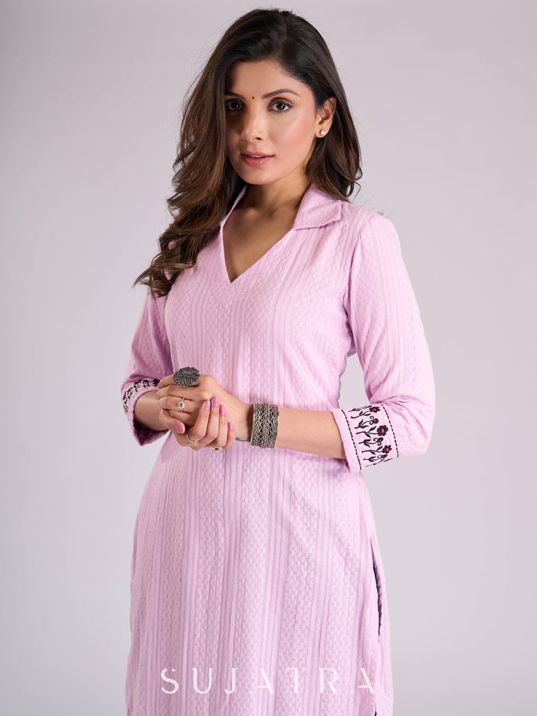 Lustrous Lavender Cotton Kurta with Intricately Embroidered Sleeves