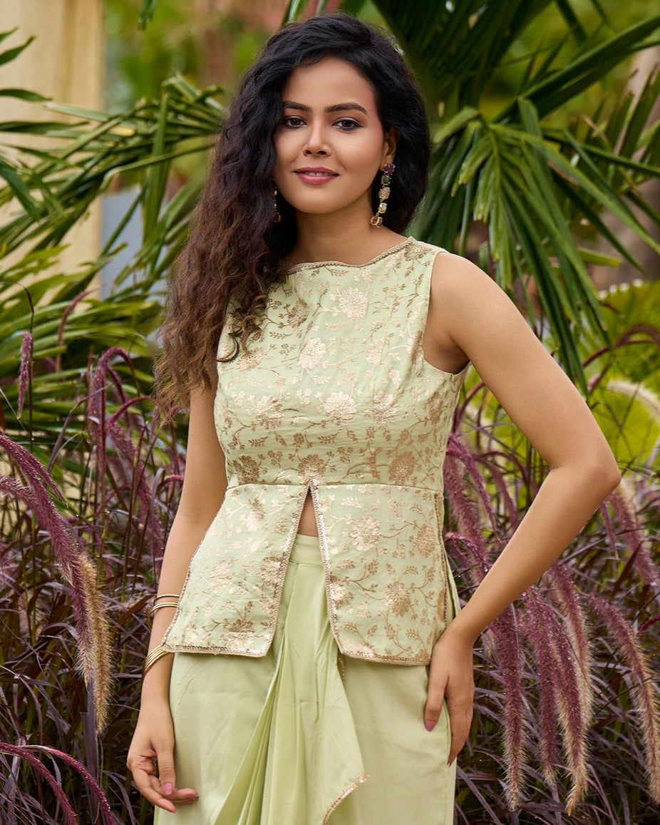 Sophisticated Pastel Green Brocade Top with Contemporary Front Slit