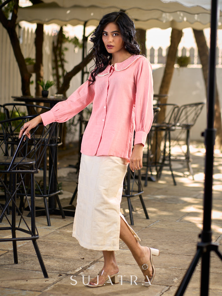 Baby Pink Shirt Featuring An Embellished Collar Detail
