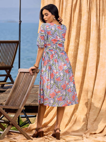 Lilac Bloom Cotton Pleated Dress With Scarlet Floral Print