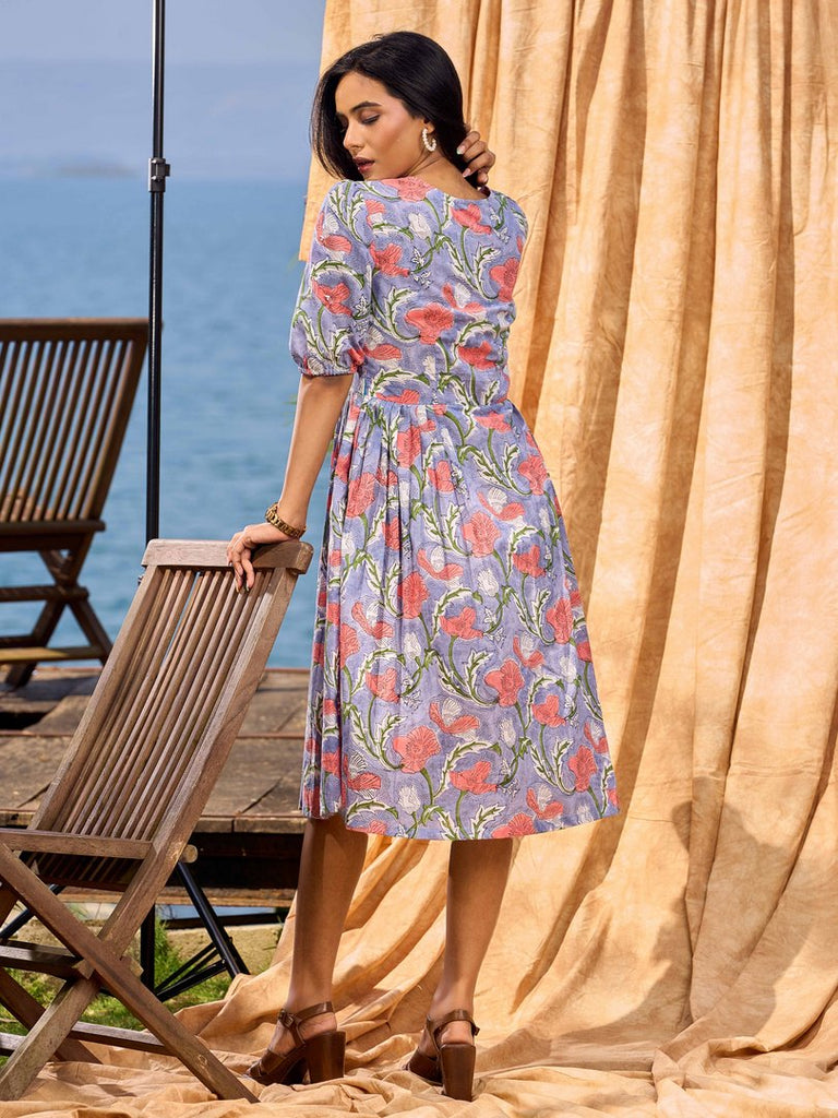 Lilac Bloom Cotton Pleated Dress With Scarlet Floral Print