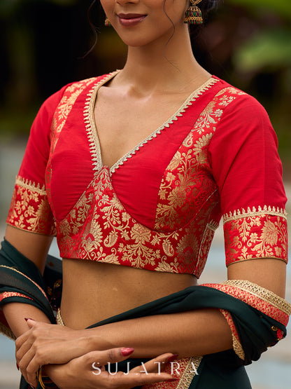 Timeless Bottle Green Georgette Saree with Contrast Red Benarasi Border & Hand Embroidered Pallu