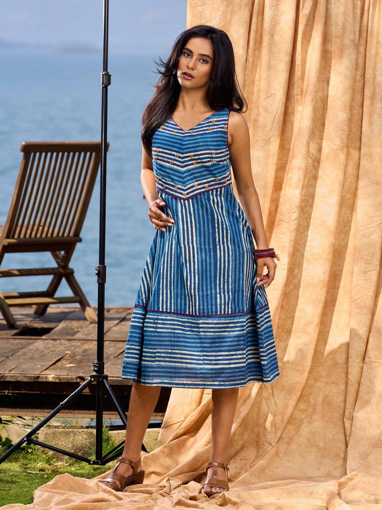 Handcrafted Indigo Cotton Dress With Red Stitch And Button Detailing