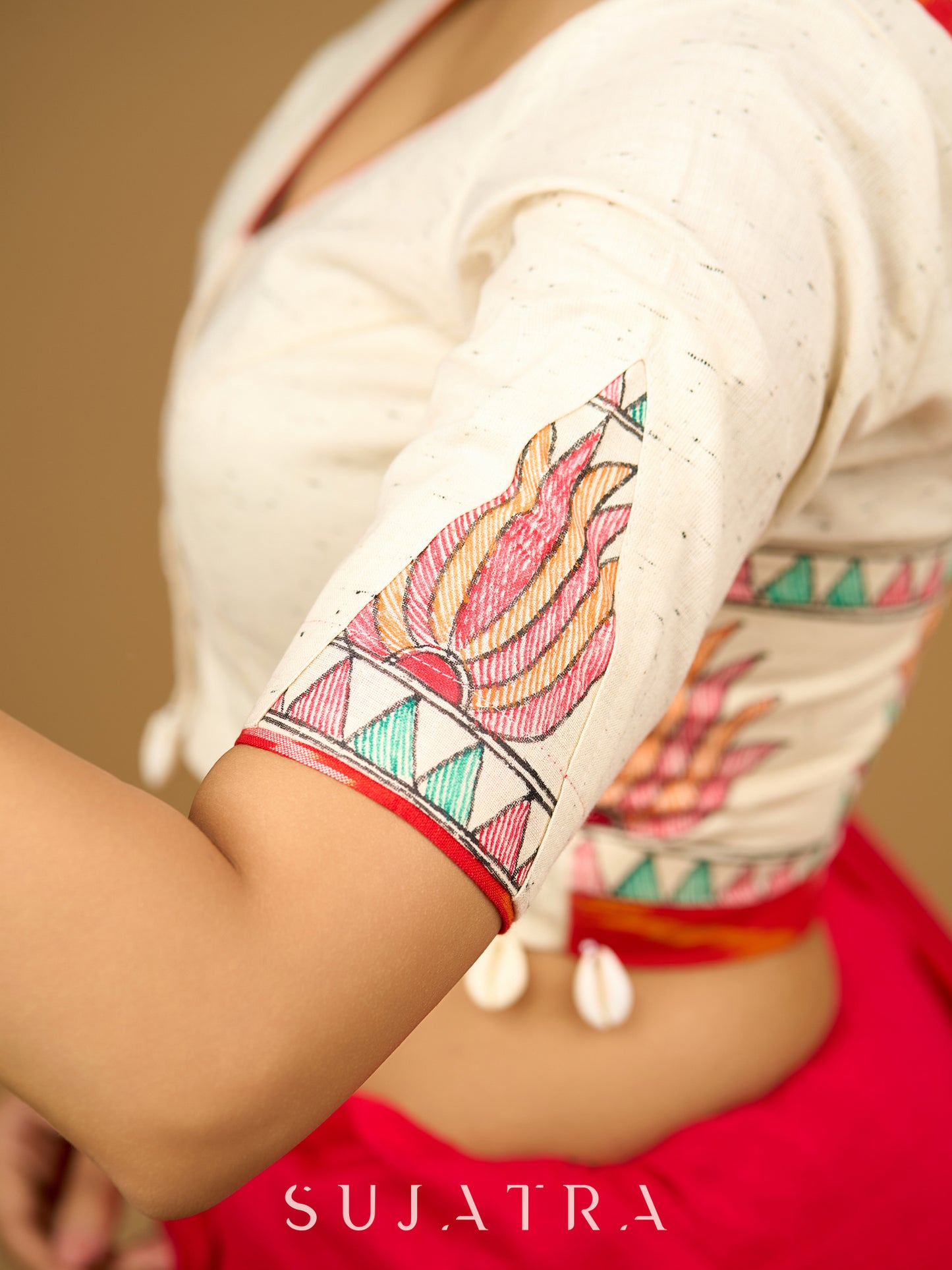 Exclusive hand painted madhubani off white blouse - Optional Plain Saree