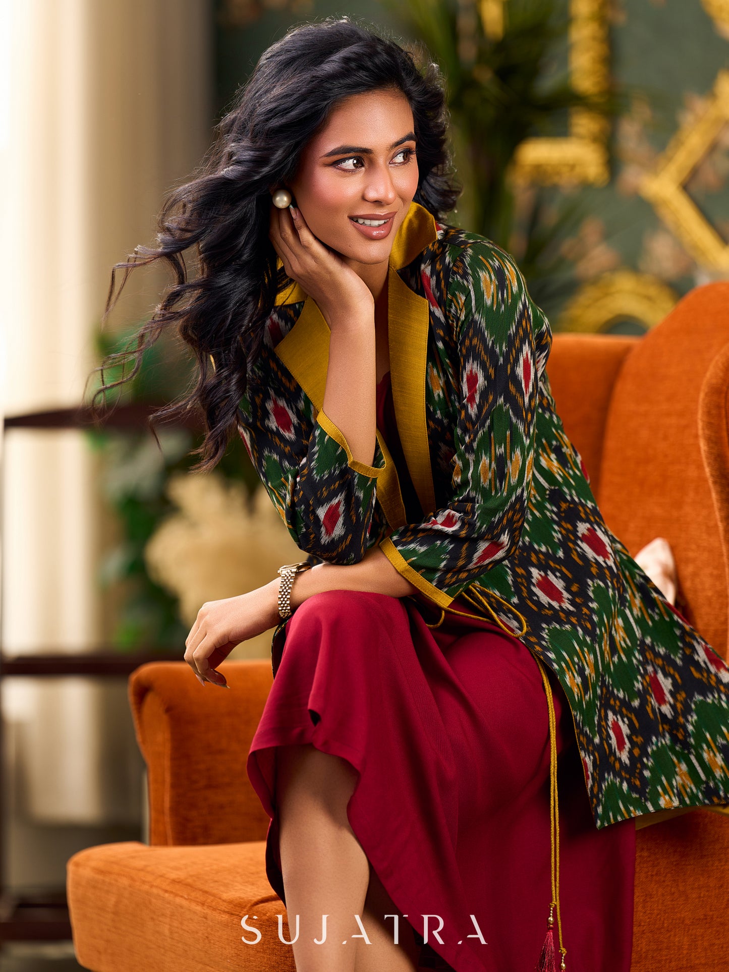 Artisanal Green Ikat Cotton Jacket Accented with Drawstring Detail, Mustard Collar, and High-Low Silhouette - Dress optional