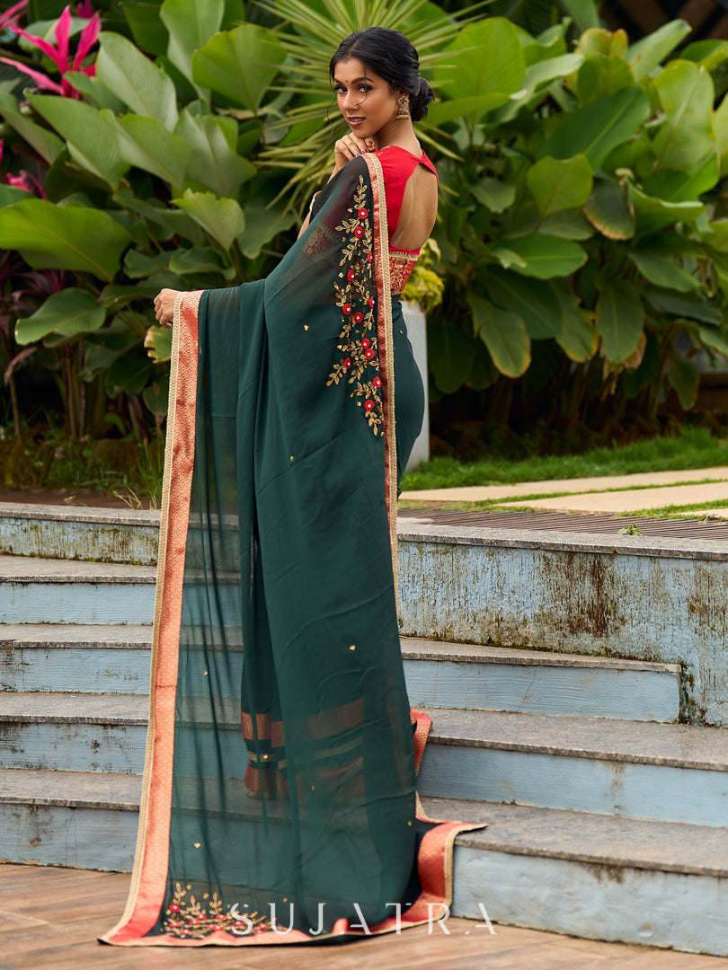 Timeless Bottle Green Georgette Saree with Contrast Red Benarasi Border & Hand Embroidered Pallu