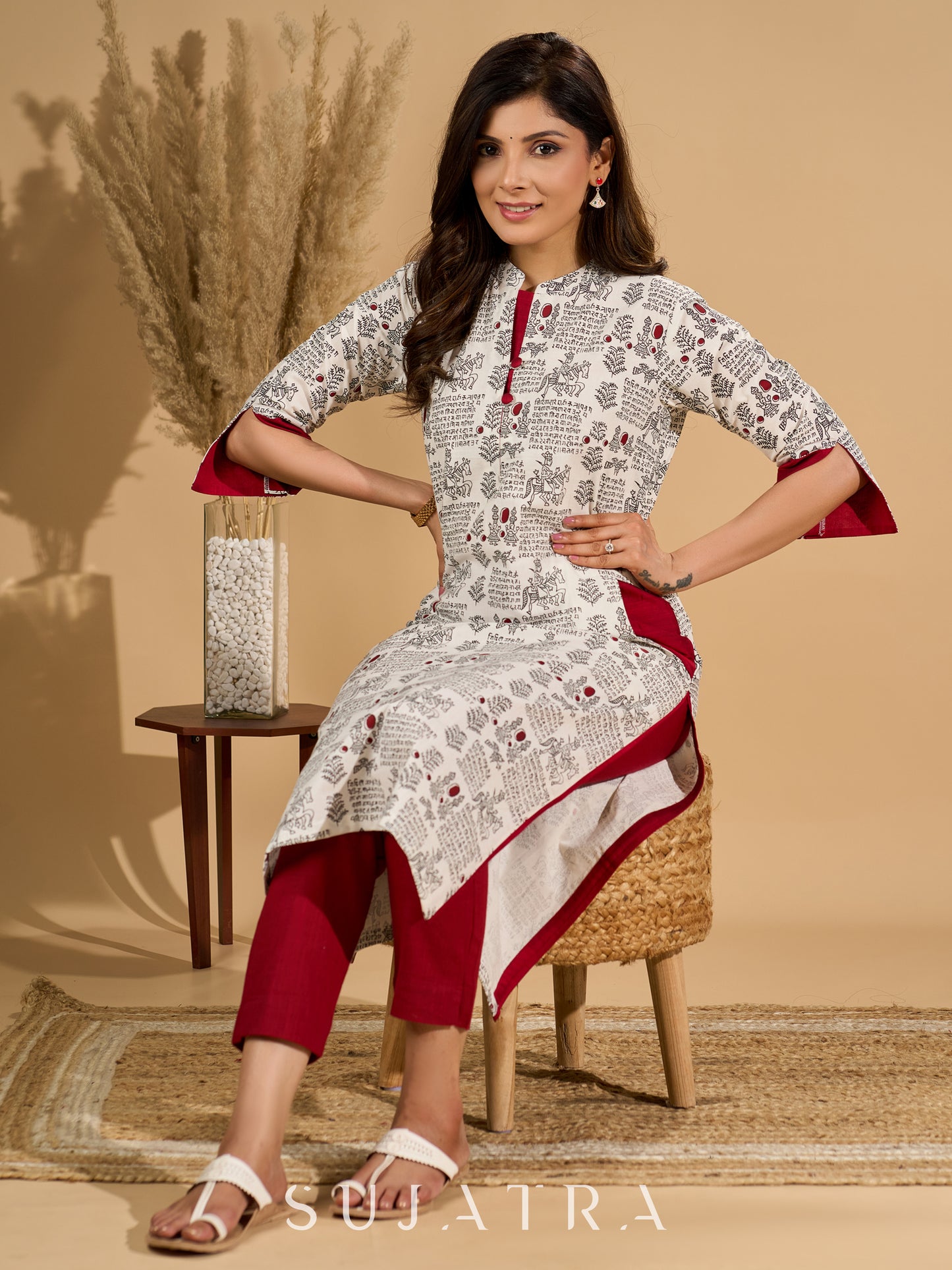 White Radiance Mul Cotton Kurta with Opulent Maroon Detailing
