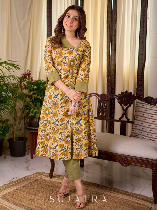 Bright Yellow Floral Print Cotton A-Line Kurta with Contrast Striped Cuff