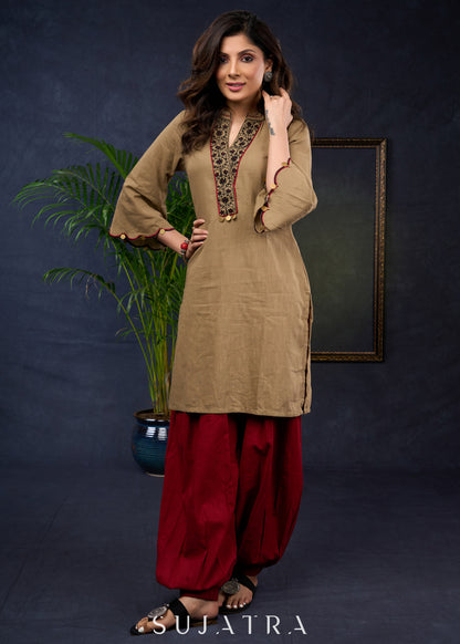 Dark Beige Cotton Tunic With Floral Embroidery And Elegant Cut-Work Sleeves - Pant Optional