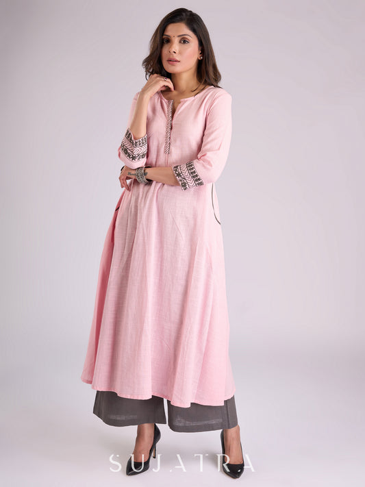 Elegant Pink Cotton Kurta with Exquisitely Embroidered Neckline & Sleeves