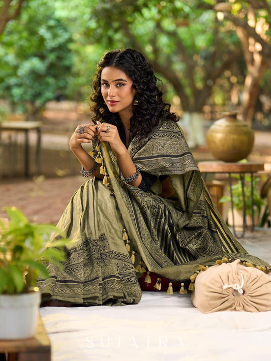 Natural Sage Green Cotton Saree with Traditional Black Hand Block Printed Border