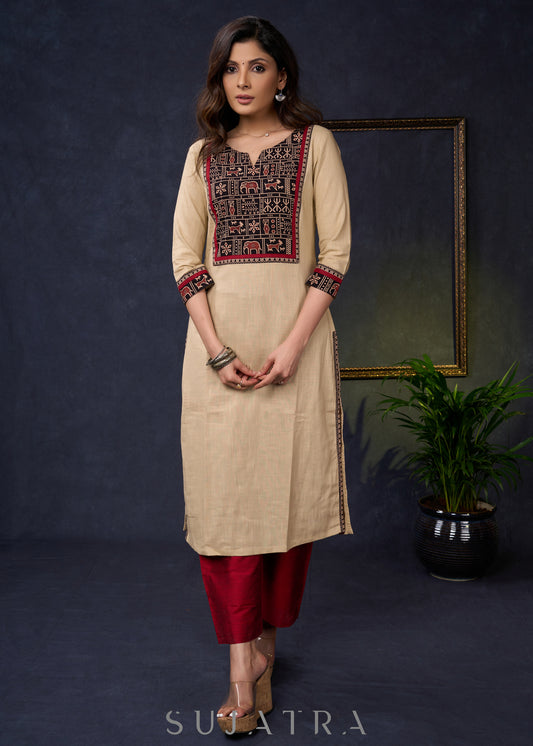 Elegant-Beige-Cotton-Straight-Cut-Ajrakh-Combination-Kurta--Pant-Optional