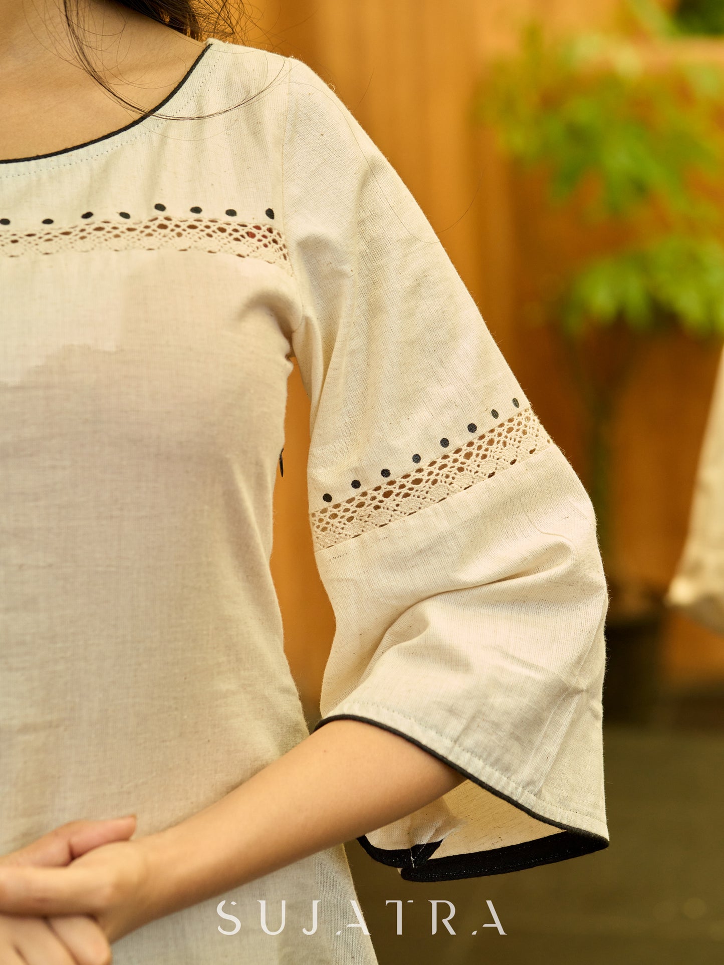 Ivory Rhythm Bell-Sleeved Dress with Hand Painted Dots and Crochet Charm