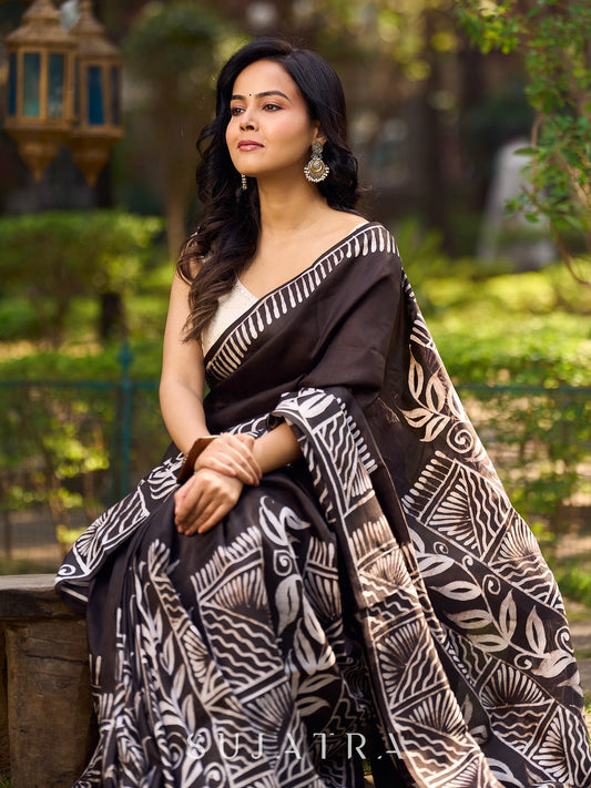 Artisanal Black Pure Silk Hand Batik Saree with Classic Bold Designs
