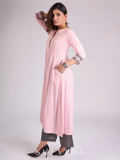 Elegant Pink Cotton Kurta with Exquisitely Embroidered Neckline & Sleeves