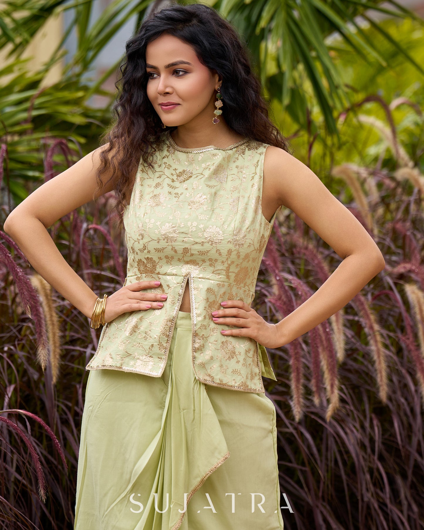 Sophisticated Pastel Green Brocade Top with Contemporary Front Slit