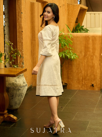 Ivory Rhythm Bell-Sleeved Dress with Hand Painted Dots and Crochet Charm