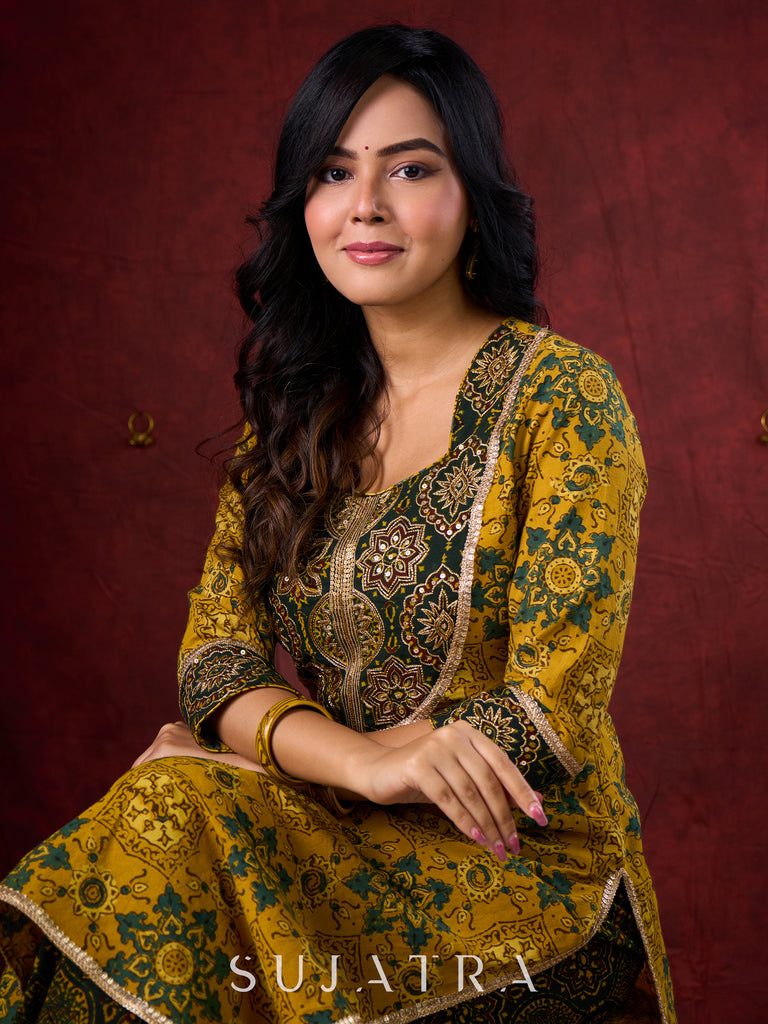 Mustard & Green Ajrakh Cotton Kurta with Minimal Hand Embroidery