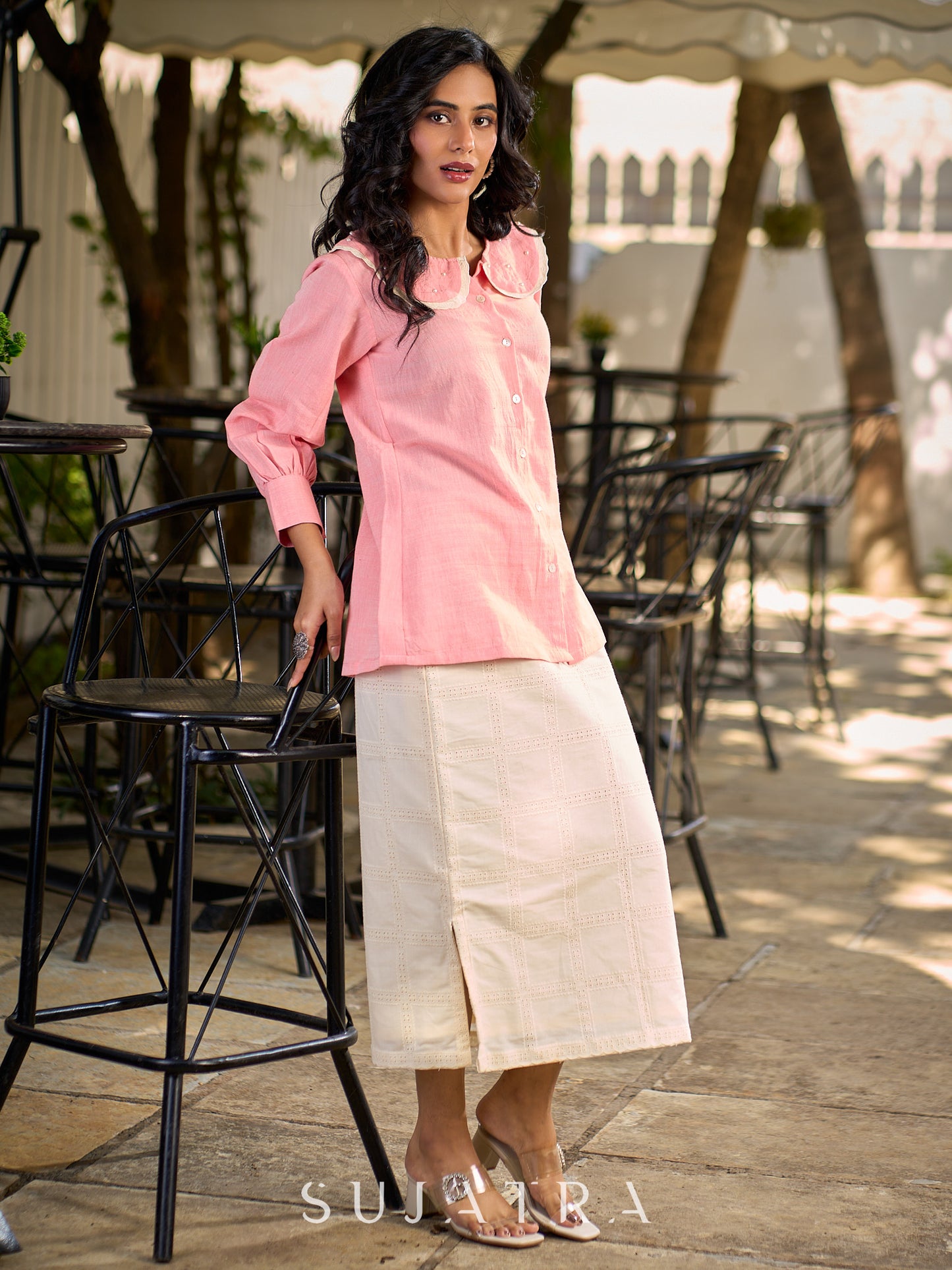 Baby Pink Shirt Featuring An Embellished Collar Detail