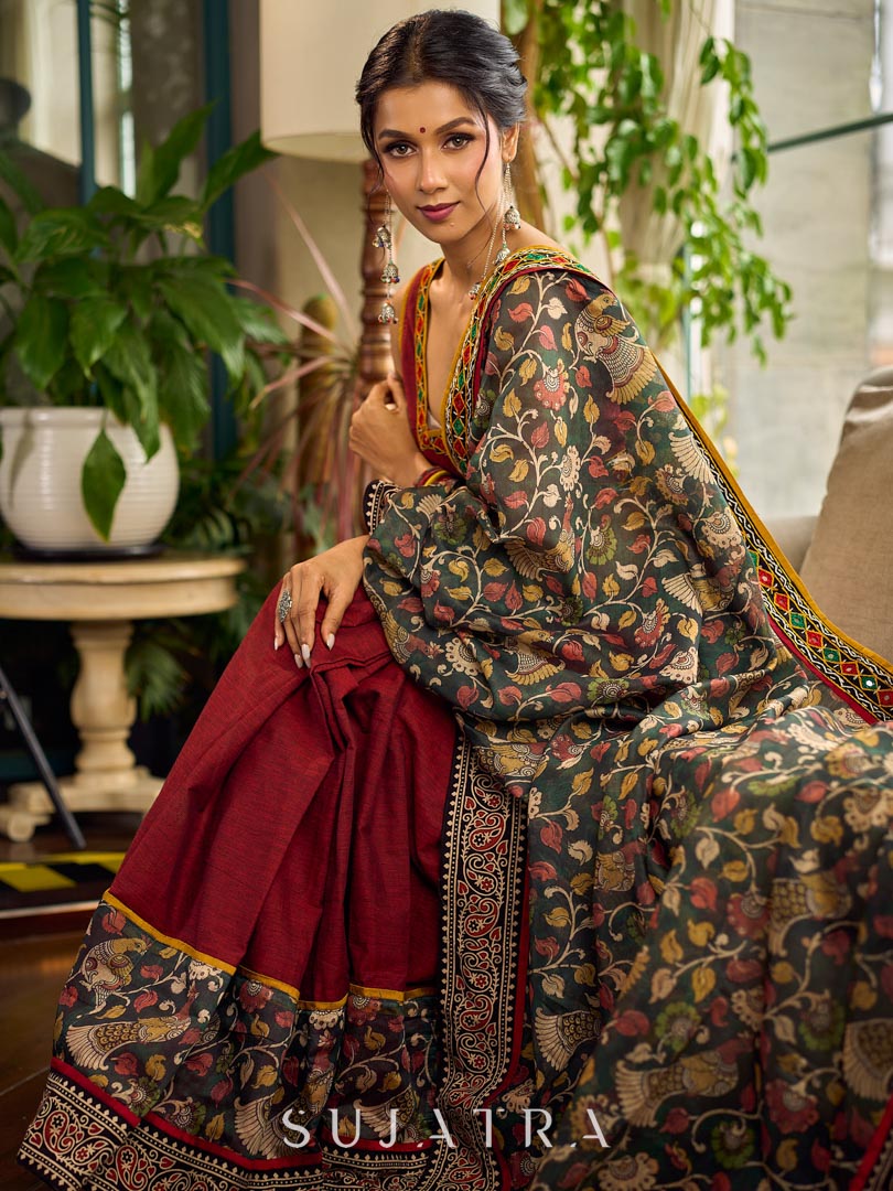 Regal Maroon Cotton Saree with Rich Kalamkari Printed Pallu with Mirror work