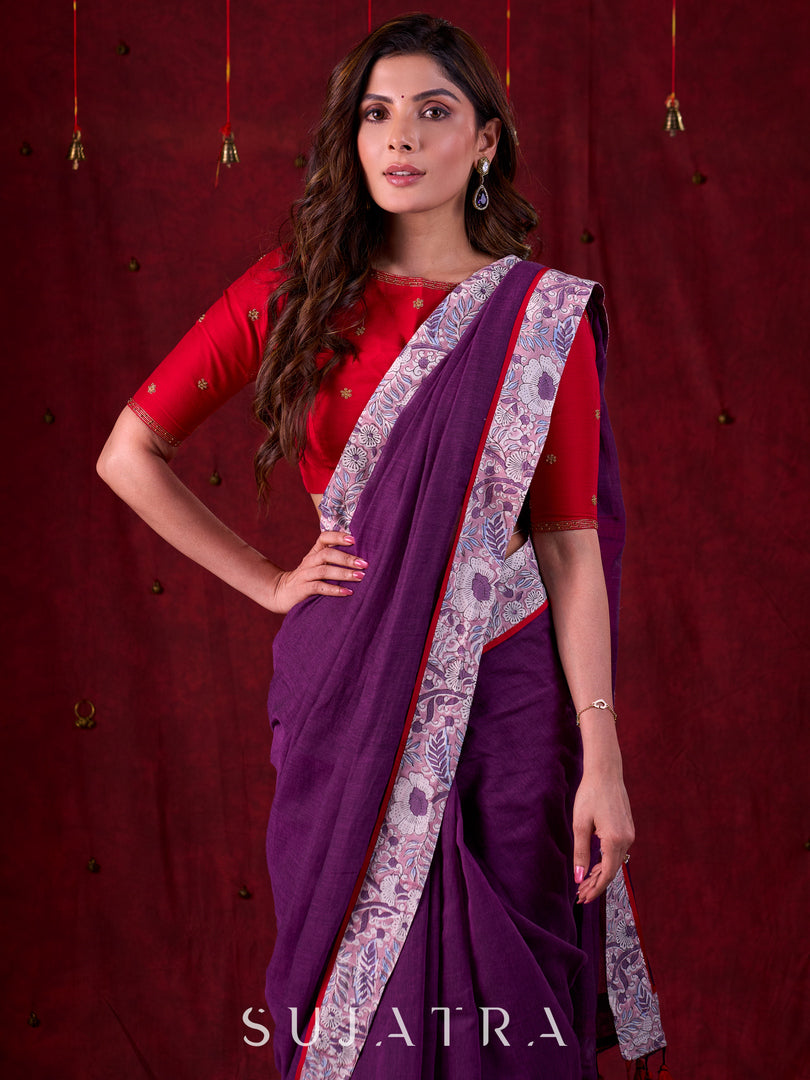 Crimson Cotton Silk Blouse Adorned with Fine Hand Embroidery
