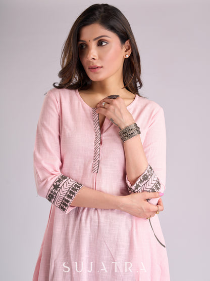 Elegant Pink Cotton Kurta with Exquisitely Embroidered Neckline & Sleeves