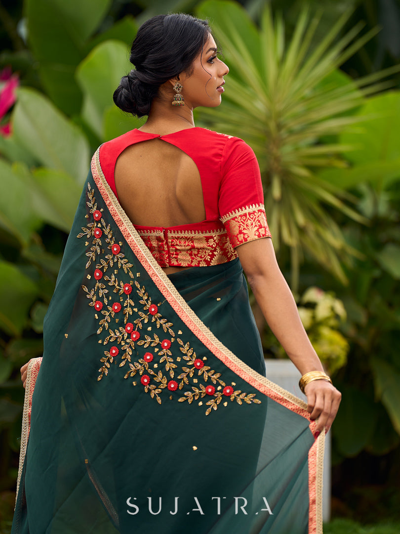 Timeless Bottle Green Georgette Saree with Contrast Red Benarasi Border & Hand Embroidered Pallu