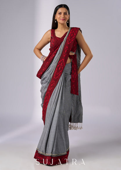 Elegant grey cotton saree with maroon Ikat borders