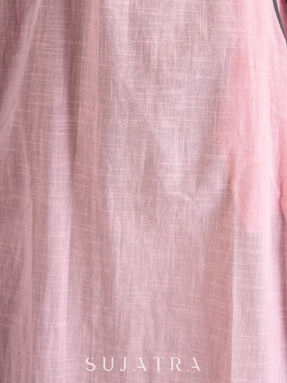 Elegant Pink Cotton Kurta with Exquisitely Embroidered Neckline & Sleeves