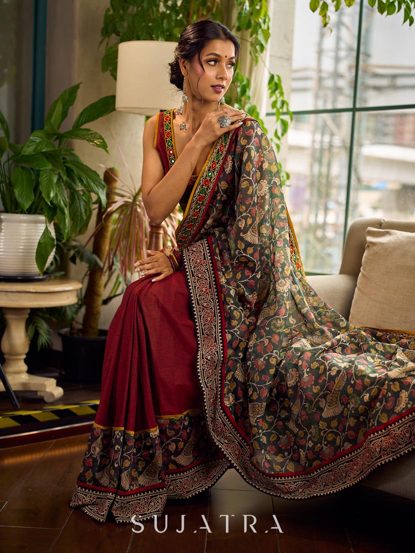 Regal Maroon Cotton Saree with Rich Kalamkari Printed Pallu with Mirror work