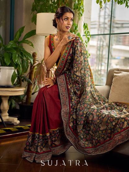 Regal Maroon Cotton Saree with Rich Kalamkari Printed Pallu with Mirror work