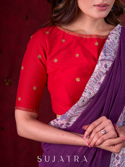 Crimson Cotton Silk Blouse Adorned with Fine Hand Embroidery